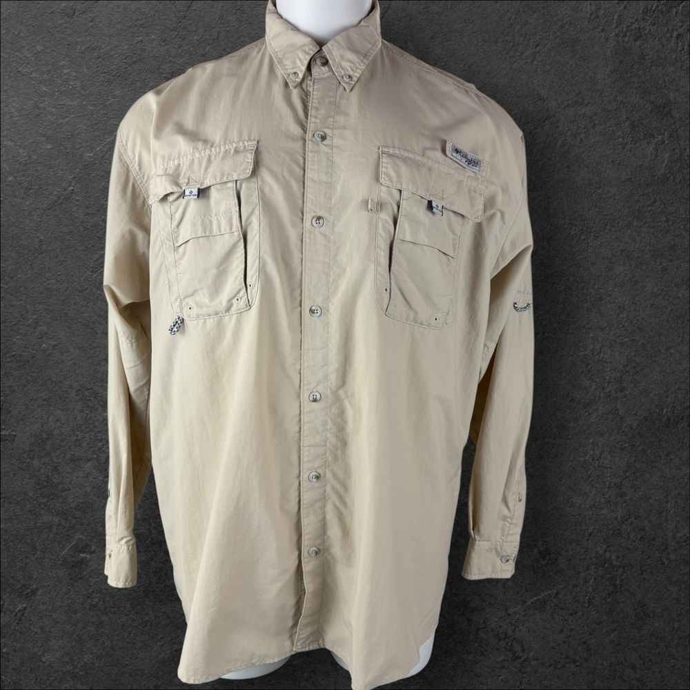 Columbia PFG Bahama Shirt XL Beige Solid Long Sleeves Fishing Outdoors (958)